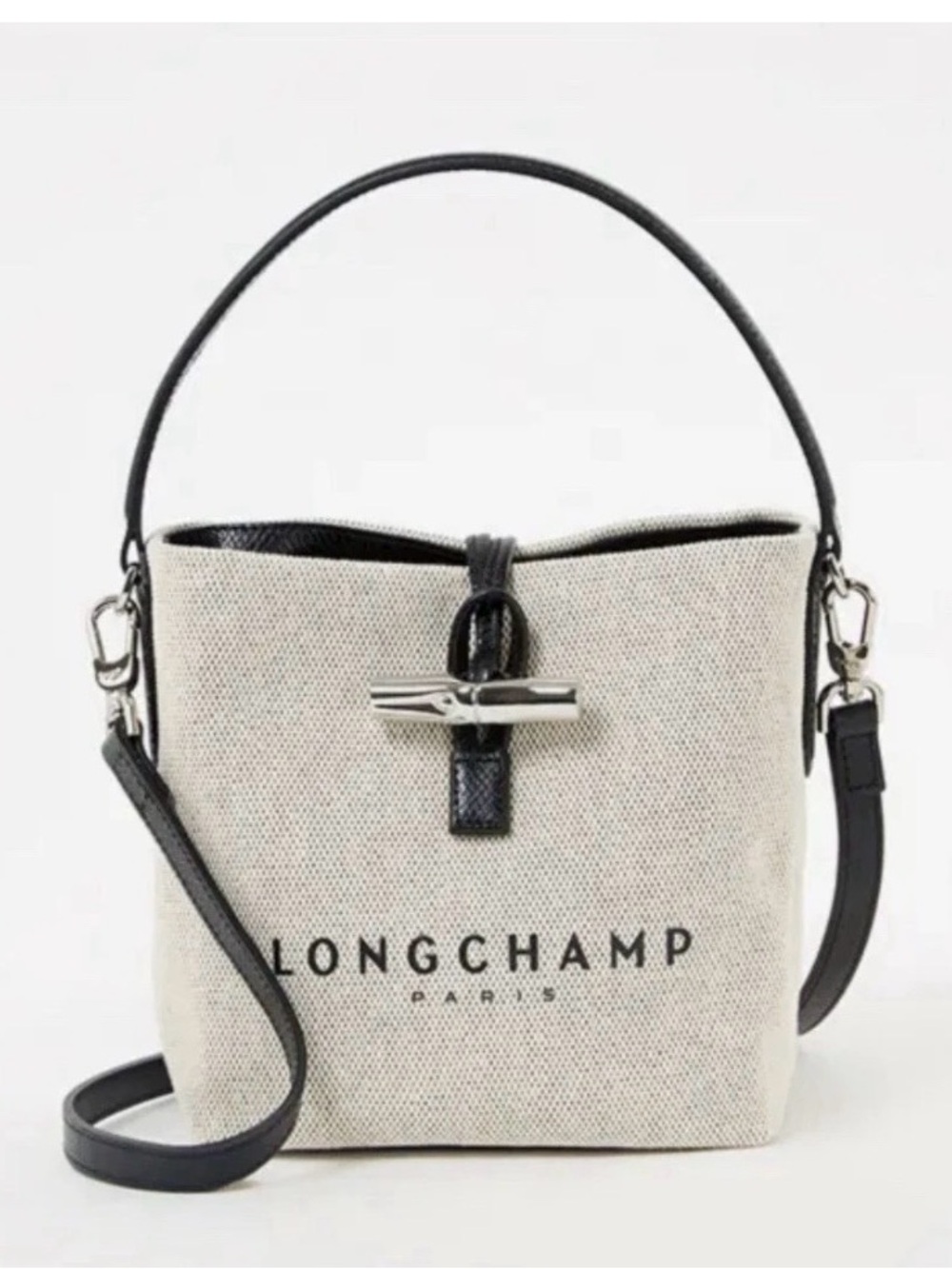 Longchamp Beige Canvas Black Leather Bucket Bag essential XS